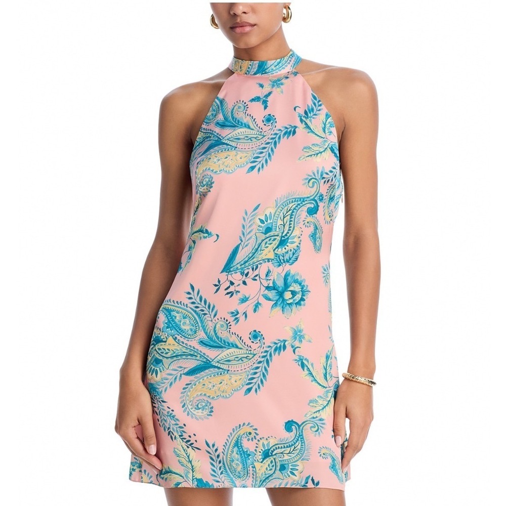 Hemant and Nandita Pink Blue Paisley Printed Halter Mini Dress Exclusive Small